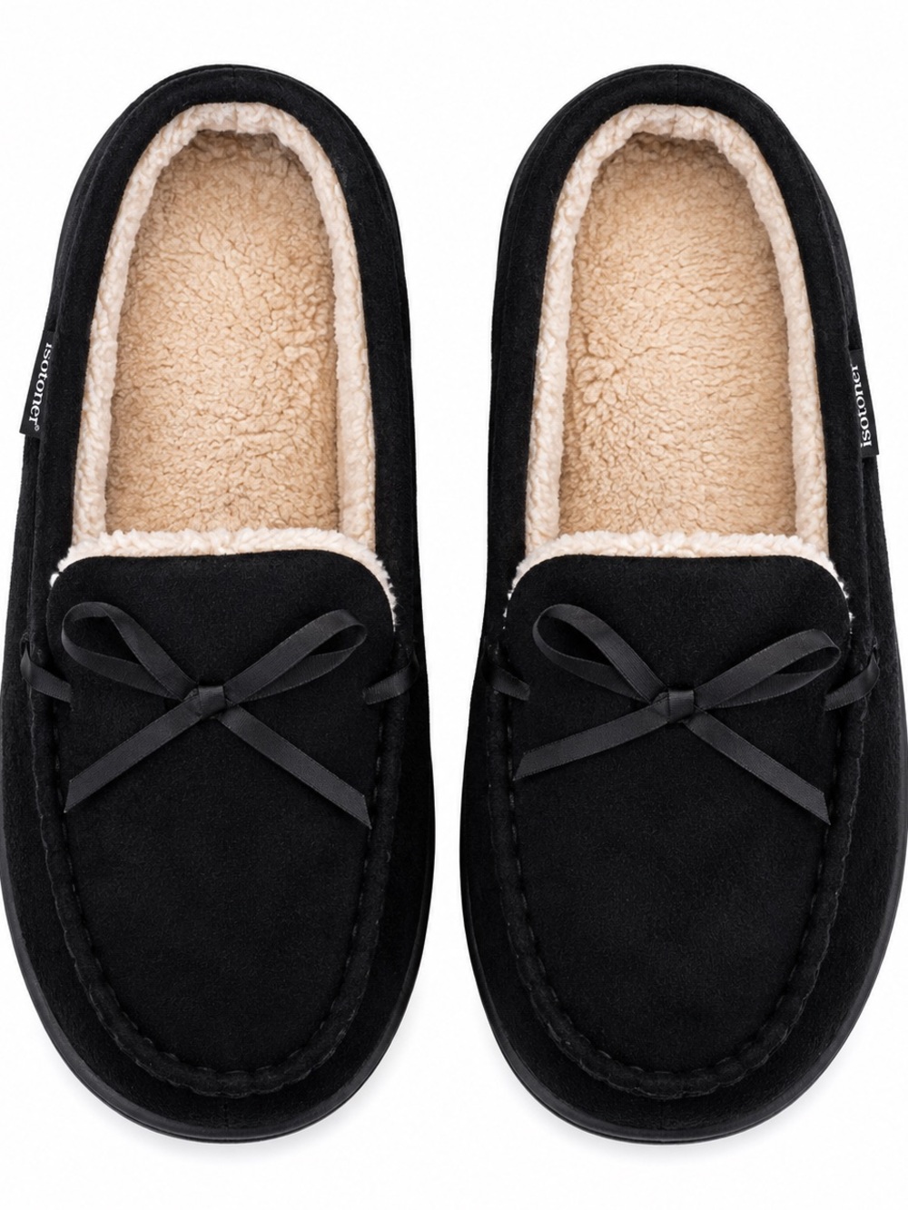 Isotoner Women’s Black Faux Fur Lined Moccasin Slippers Size 9.5-10.5 NWOT